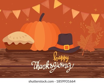 happy thanksgiving celebration lettering card with pilgrim hat and pie vector illustration design