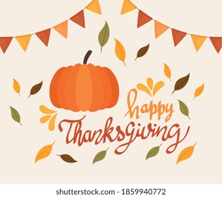 happy thanksgiving celebration lettering card with pumpkin and garlands vector illustration design