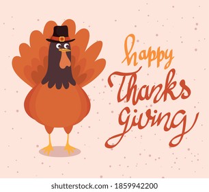 happy thanksgiving celebration lettering card with turkey vector illustration design