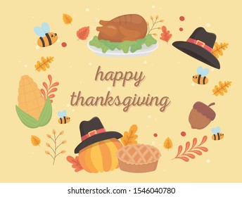 happy thanksgiving celebration lettering turkey hat pumpkin cake leaves acorn corn