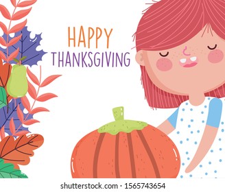 happy thanksgiving celebration little boy holding pumpkin foliage decoration vector illustration