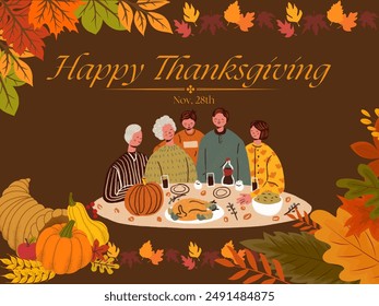 Happy thanksgiving celebration on november 28th, with fall themes and withered leaves, pumkin and any kind harvested fruit and grains from farms. With brown backgrounds