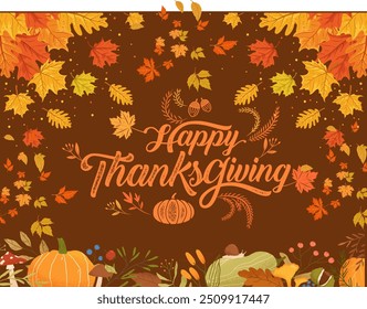 Happy thanksgiving celebration on november 28th, with fall themes and withered leaves, pumkin and any kind harvested fruit and grains from farms. With brown backgrounds