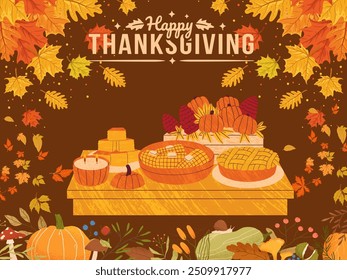 Happy thanksgiving celebration on november 28th, with fall themes ,foods,and withered leaves, pumkin and any kind harvested fruit and grains from farms. With brown backgrounds