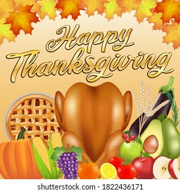 happy thanksgiving celebration  poster banner with food and fruit