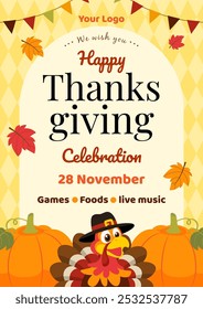 Happy Thanksgiving celebration poster invitation vector illustration. Turkey bird on yellow diamond shape pattern frame