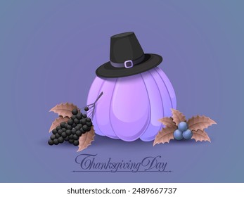 Happy Thanksgiving Celebration with Pumpkin Wearing Pilgrim Hat and Fruits on Grey Background.