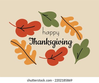 Happy thanksgiving celebration quote. Hand drawn text with autumn leaves. Calligraphy, lettering design. Typography for greeting cards, posters, icon.