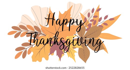 Happy thanksgiving celebration quote. Text with autumn leaves. Calligraphy, lettering design. Typography for greeting cards. Vector illustration