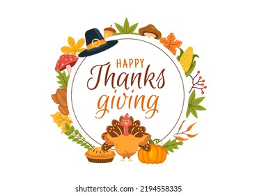 Happy Thanksgiving Celebration Template Hand Drawn Cartoon Flat Illustration with Turkey, Leaves, Chicken or Pumpkin Design