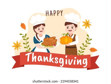 Happy Thanksgiving Celebration Template Hand Drawn Cartoon Flat Illustration with Turkey, Leaves, Chicken or Pumpkin Design