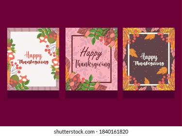 happy thanksgiving, collection cards lettering autumnal foliage season celebration vector illustration