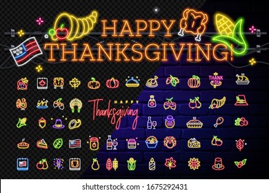 Glücklicherweise Thanksgiving Sammlung neonische Symbole. Fröhlicher Truthahntag, dank Vektorillustration Banner im Neonstil, Nachtsichter, Feier des Herbsterntempels, Grußdesign, Karte, Werbung