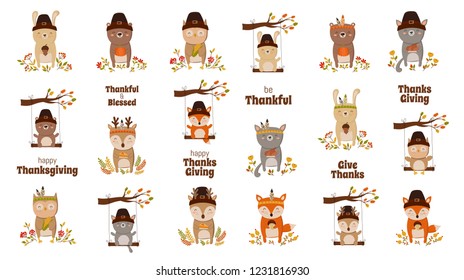 Happy Thanksgiving Collection.  Perfect for greeting card, poster or flyer for holiday. Funny traditional animals. Doodle illustration. Autumn holiday, baby shower, birthday, children's party


