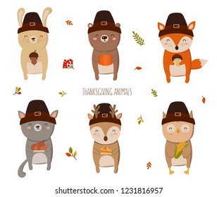 Happy Thanksgiving Collection. Perfect for greeting card, poster or flyer. Funny animals holding delicious gift. Doodle illustration. Autumn holiday, baby shower, birthday, children's part