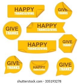 Happy thanksgiving collection yellow curved paper stickers on white background. Can be used for holiday banners, e-commerce, e-shopping, flyers, posters, web design and printed materials.