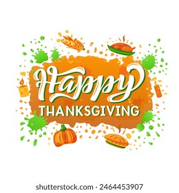 Happy Thanksgiving color lettering on textured background. Hand drawn vector illustration with text decor and icons for greeting card or poster. Positive holiday festive quote for concept or banner