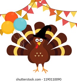 Happy thanksgiving with colorful bunch of balloons for celebration icon. Thanksgiving turkey cartoon. Vector illustration flat design isolated on white background
