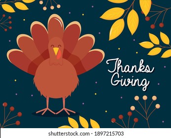 happy thanksgiving colorful design with cartoon turkey and dry leaves around over blue background, vector illustration
