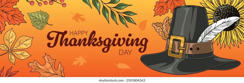 Happy Thanksgiving colorful poster with pilgrim hat decorated with feather to congratulate townspeople on autumn holiday vector illustration