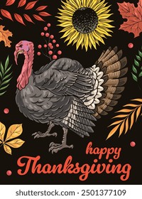 Happy Thanksgiving colorful poster with rich harvest inside wicker basket for holiday menu design in cafe vector illustration