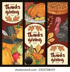 Happy Thanksgiving colorful set flyers with rich harvest and turkey to encourage people to have traditional family celebration vector illustration