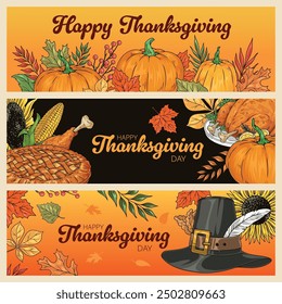 Happy Thanksgiving colorful set posters with pumpkins and pilgrim hats for announcing holiday sale in store vector illustration