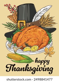 Happy Thanksgiving colorful vintage flyer with roast turkey on plate near pilgrim hat decorated with feather vector illustration