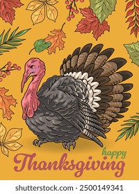 Happy Thanksgiving colorful vintage sticker with turkey and autumn leaves for october harvest holiday invitation vector illustration