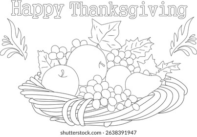 Happy Thanksgiving Coloring Page with Cornucopia and Harvest Fruits, Black and white line art illustration featuring a cornucopia or basket overflowing with harvest fruits like apples, pears, and