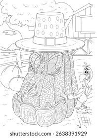 Happy Thanksgiving Coloring Page Illustration, Black and white line art illustration for coloring, depicting a festive Thanksgiving scene with a large detailed pumpkin wearing a pilgrim hat, a