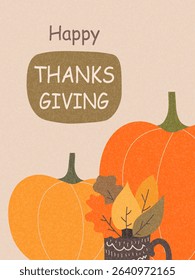 Happy Thanksgiving concept of card, cover, invitation set with bright autumn leaves, and pumpkins. Modern Fall season art style design templates for celebration, ads, branding, banner, label, poster.
