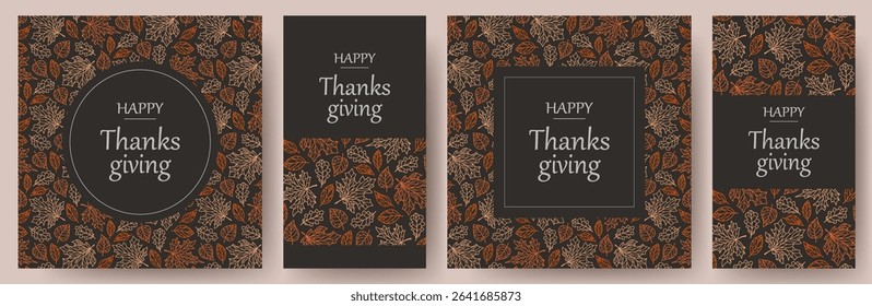 Happy Thanksgiving concept of card, cover, invitation set with beautiful bright autumn leaves. Vintage Fall season art style design templates for celebration, ads, branding, banner, label, poster.