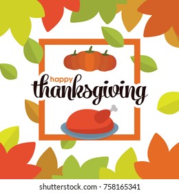 Happy thanksgiving concept design vector illustration with thanksgiving turkey autumn leaves fall maple pumpkin patch. Happy thanksgiving concept harvest holiday celebration greeting lettering text.
