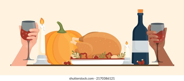 Happy Thanksgiving concept. Graphic elements on traditional autumn holiday. Hands holding glasses with alcoholic beverages, and vegetables. Farmers and agriculture. Cartoon flat vector illustration