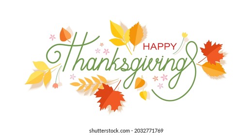 Happy Thanksgiving concept with lettering and orange leaves on a white background