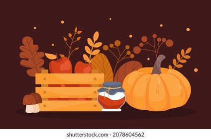 Happy Thanksgiving concept. Wonderful harvest, autumn vegetables, vitamins, fresh and natural products. Taking care of your health, farming, diet, weight loss. Cartoon flat vector illustration