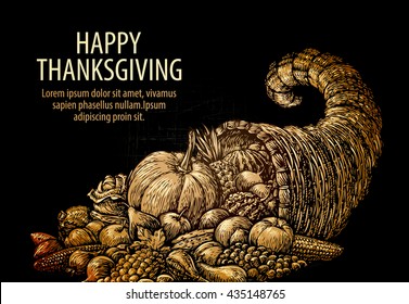 Happy Thanksgiving. Cornucopia with fruits and vegetables