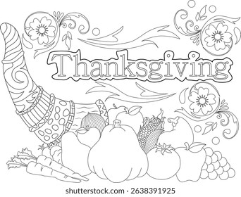 Happy Thanksgiving Cornucopia Line Art Coloring Page, Black and white line art illustration of a cornucopia overflowing with autumn harvest produce like pumpkin, corn, apples, grapes, and carrots,
