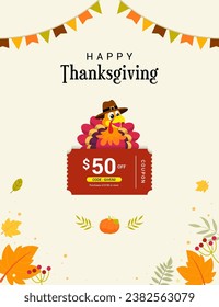 Happy Thanksgiving coupon template vector illustration. Turkey bird with promotion discount