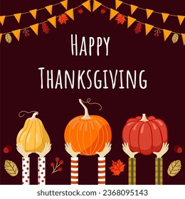 Happy Thanksgiving - cozy autumn greeting card. Hands holding pumpkins, an autumn garland with flags. Square frame for text. Editable vector file.