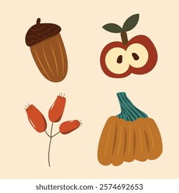 Happy Thanksgiving cozy illustration with acorn, pumpkin, berries and apple.