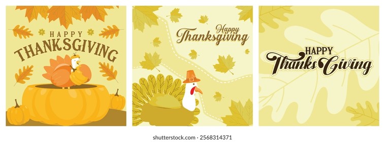 Happy Thanksgiving. Cute turkey. Autumn leaves in the background. Thanksgiving concept. Set flat vector illustration.