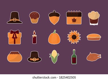 happy thanksgiving day 15 icon set design, Autumn season holiday greeting and traditional theme Vector illustration