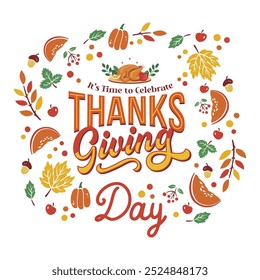 Happy Thanksgiving Day 2024 Text Banner. Handschrifttext mit kreativem Herbstgrafikdesign. Das Beste für Thanksgiving-Feiertagsgrüße und Abendeinladungen. Vektorgrafik.