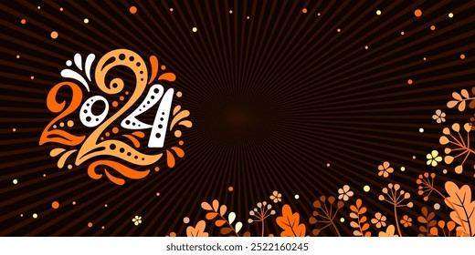 Feliz día de acción de gracias 2024. Anuncio de Vector, tarjeta de felicitación con fondo de feliz día de acción de gracias, calabaza y corona de flores para las redes sociales. Viñeta, marco, guirnalda de flores de color naranja sobre fondo negro