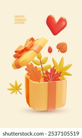 Feliz día de Acción de Gracias 3D diseño de póster de felicitación de estilo plástico. Caja de regalo de dibujos animados con hojas de otoño y forma de corazón. Voluminoso fondo decorativo de Vector de vacaciones festivas