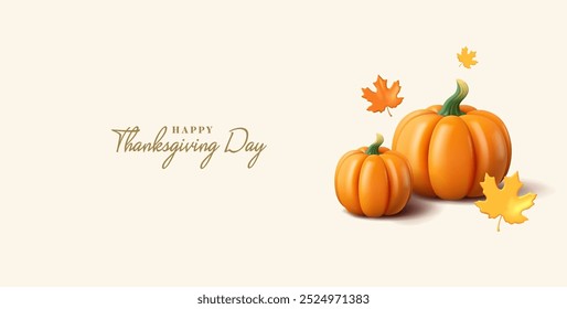 Happy Thanksgiving Day. 3D Realistic pumpkin, leaves, autumn. Banner for advertising and celebrating a family holiday, web design, and advertising materials. Vector illustration.