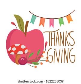 happy thanksgiving day, apple mushroom berry pennants decoration card vector illustration