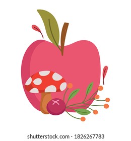 happy thanksgiving day, apple mushroom berry leaves nature celebration vector illustration